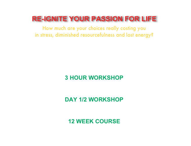 
RE-IGNITE YOUR PASSION FOR LIFE
How much are your choices really costing you 
in stress, diminished resourcefulness and lost energy?

Explore your beliefs and strengths through individual and group exercises,writing, and play.
If you are looking for support of your creative endeavors or are seeking passion in life, this group is for you. 

3 HOUR WORKSHOP
October 7th 2010  -  $45

DAY 1/2 WORKSHOP
October 22nd & 23rd 2010  -  $145

12 WEEK COURSE
Wednesday nights, 6:30 - 9:30 p.m.  FULL

REGISTER with louise@coCreations.ca or CALL her at 613.565.2013